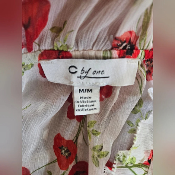 C by One | Semi-Sheer White & Red Floral Blouse with Ruffle Sleeves, Size M - Picture 3 of 8